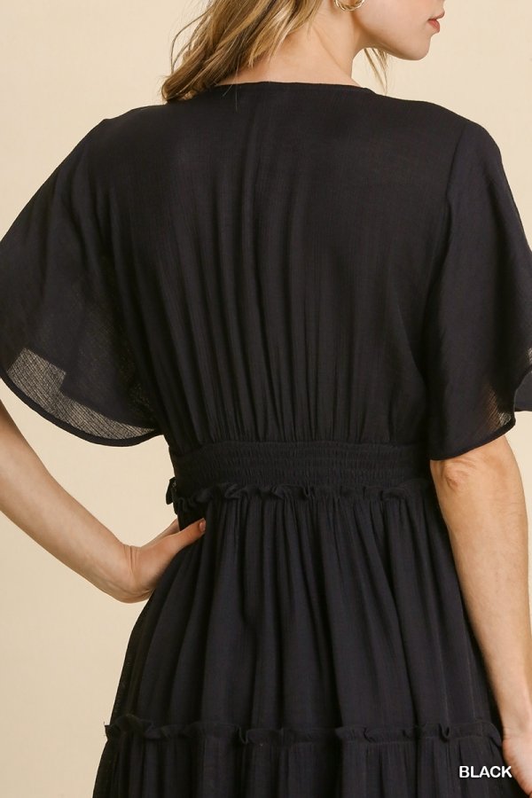 Smocked Short Sleeve V-Neck Textured Tiered Maxi Dress with lining  Ivy and Pearl Boutique