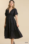 Smocked Short Sleeve V-Neck Textured Tiered Maxi Dress with lining  Ivy and Pearl Boutique Black S