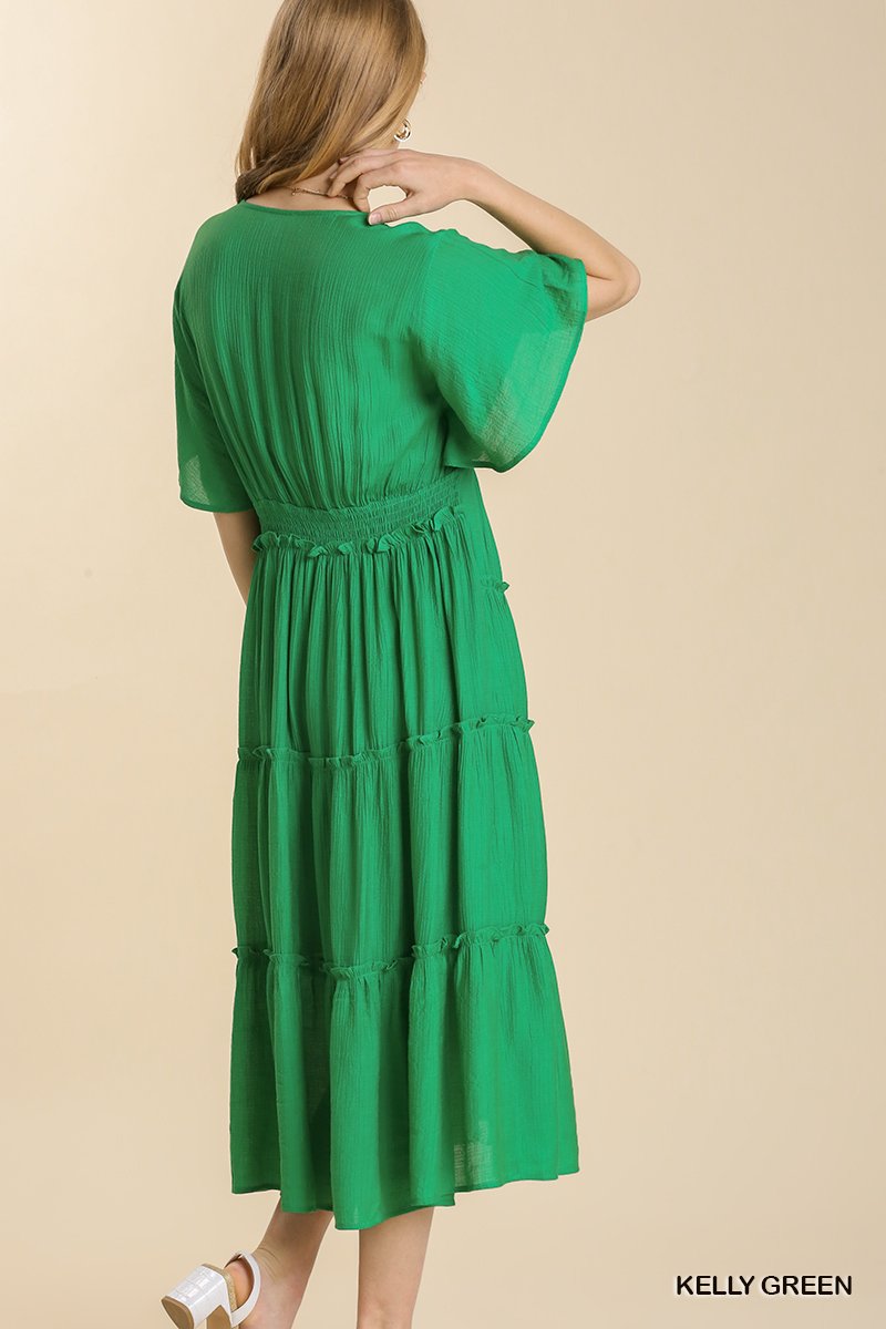 Smocked Short Sleeve V-Neck Textured Tiered Maxi Dress with lining  Ivy and Pearl Boutique