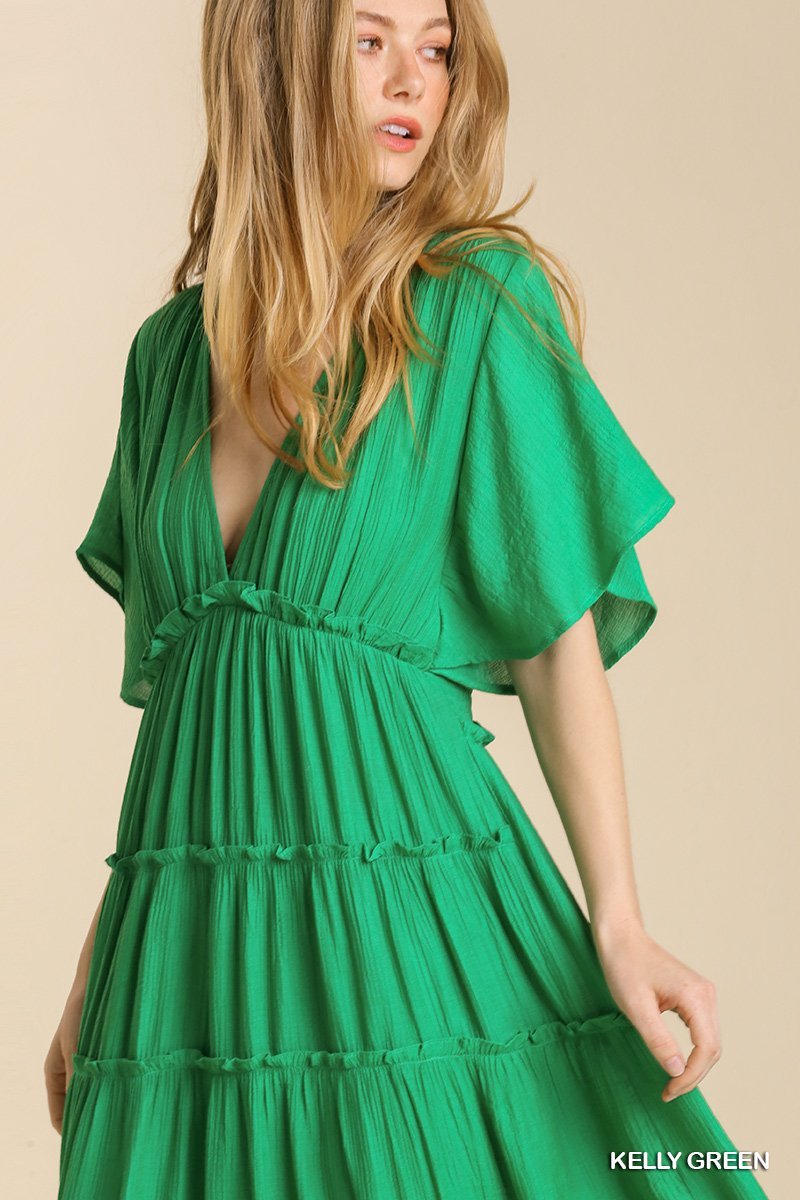 Smocked Short Sleeve V-Neck Textured Tiered Maxi Dress with lining  Ivy and Pearl Boutique
