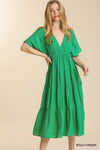 Smocked Short Sleeve V-Neck Textured Tiered Maxi Dress with lining  Ivy and Pearl Boutique Green S