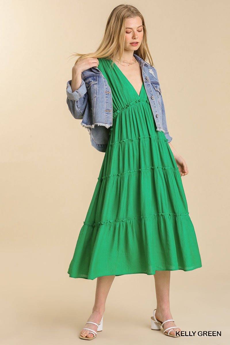 Smocked Short Sleeve V-Neck Textured Tiered Maxi Dress with lining  Ivy and Pearl Boutique