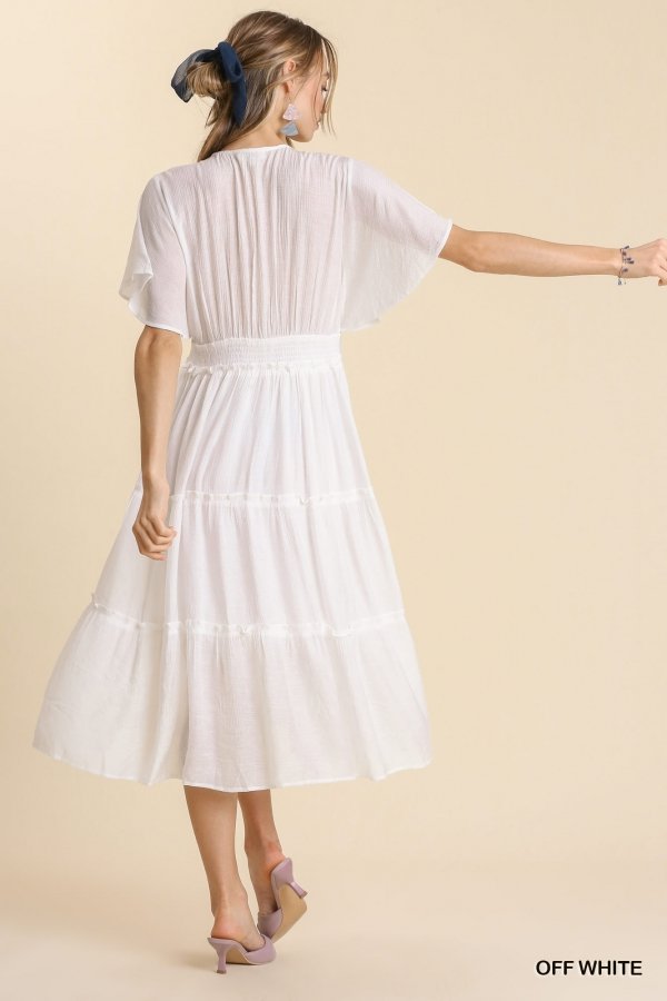 Smocked Short Sleeve V-Neck Textured Tiered Maxi Dress with lining  Ivy and Pearl Boutique