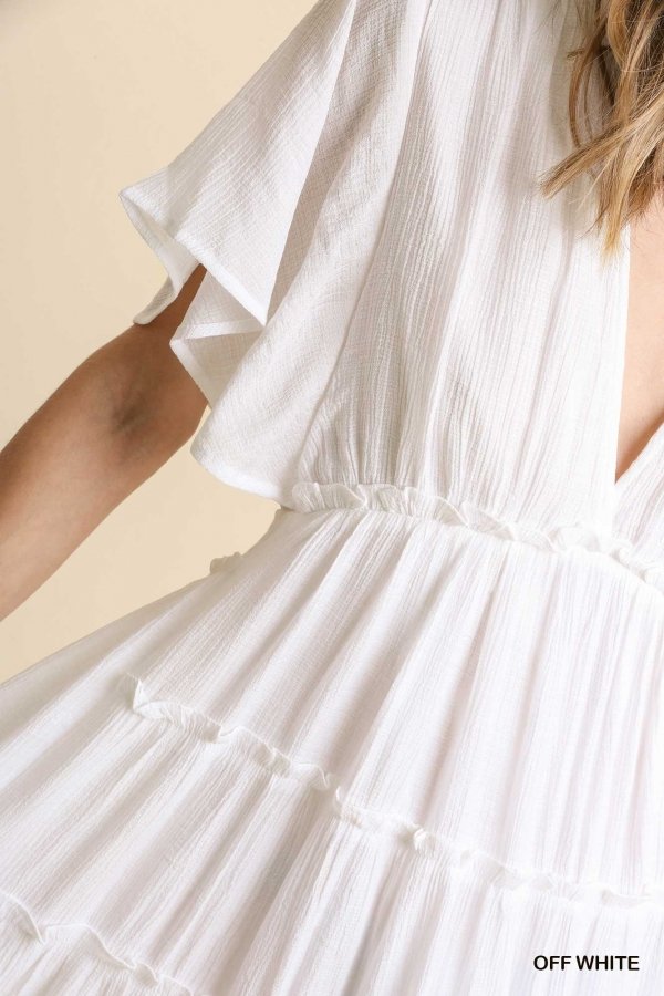 Smocked Short Sleeve V-Neck Textured Tiered Maxi Dress with lining  Ivy and Pearl Boutique
