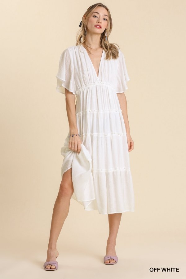 Smocked Short Sleeve V-Neck Textured Tiered Maxi Dress with lining  Ivy and Pearl Boutique