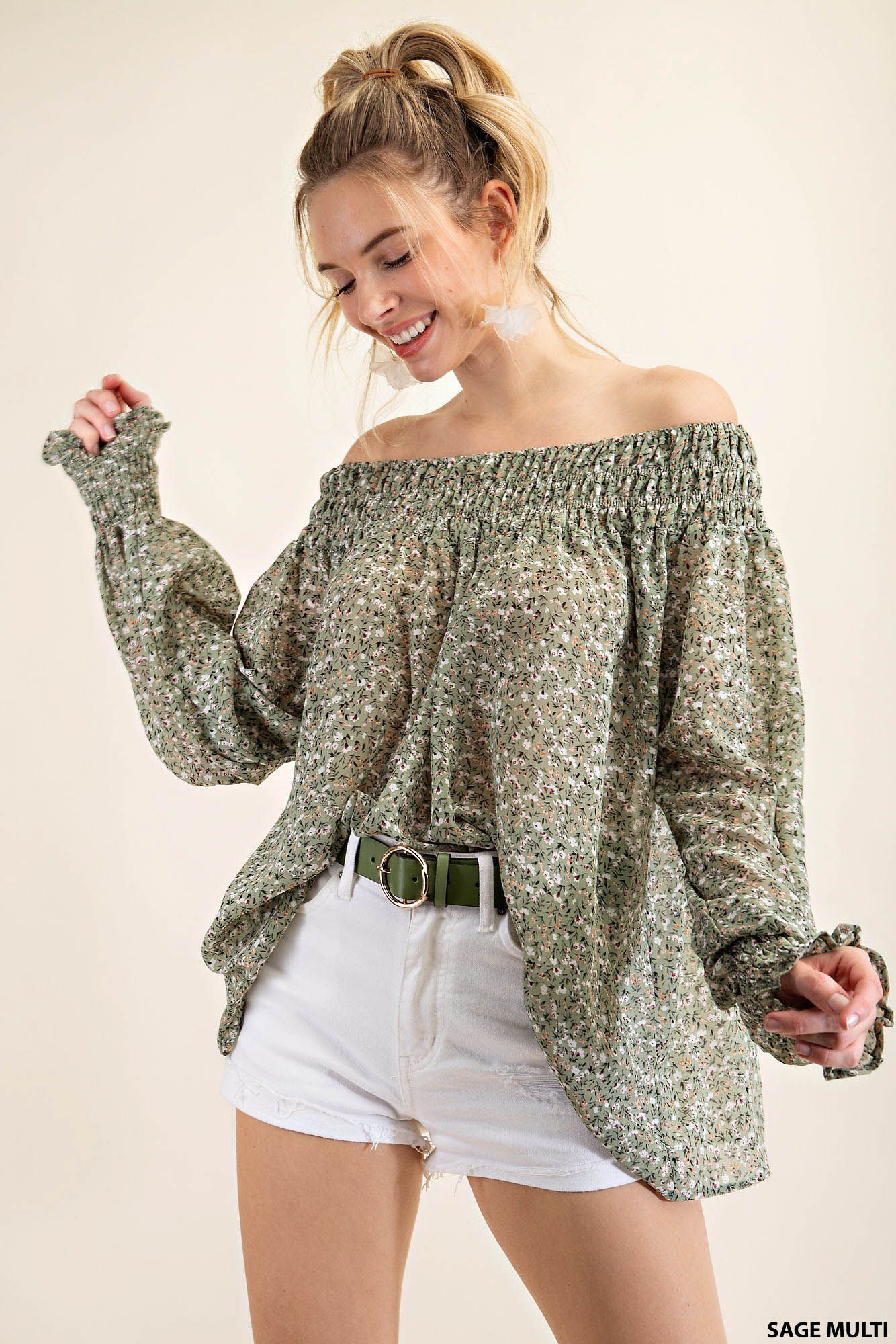 Smocking neck and sleeve band ditty-print chiffon long sleeve top Ivy and Pearl Boutique