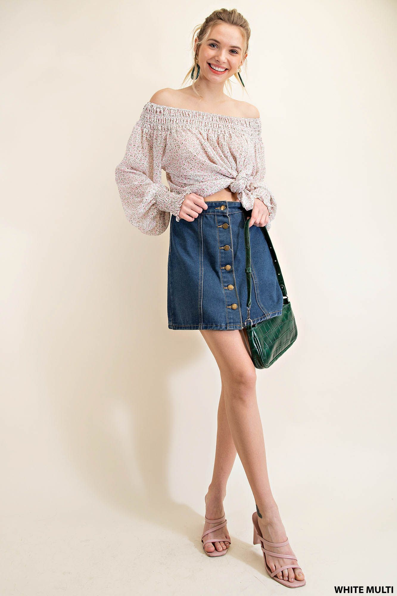 Smocking neck and sleeve band ditty-print chiffon long sleeve top Ivy and Pearl Boutique