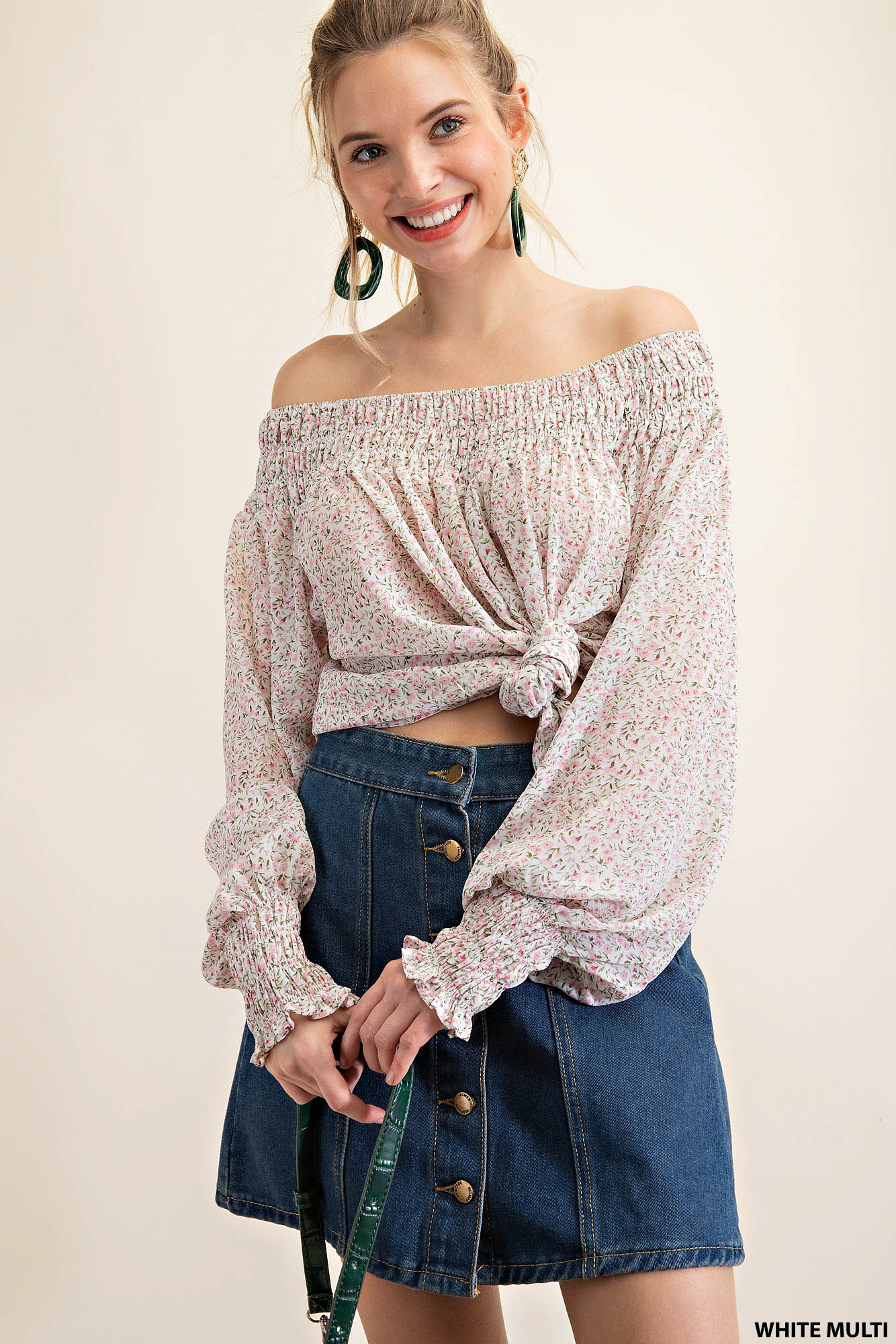 Smocking neck and sleeve band ditty-print chiffon long sleeve top Ivy and Pearl Boutique