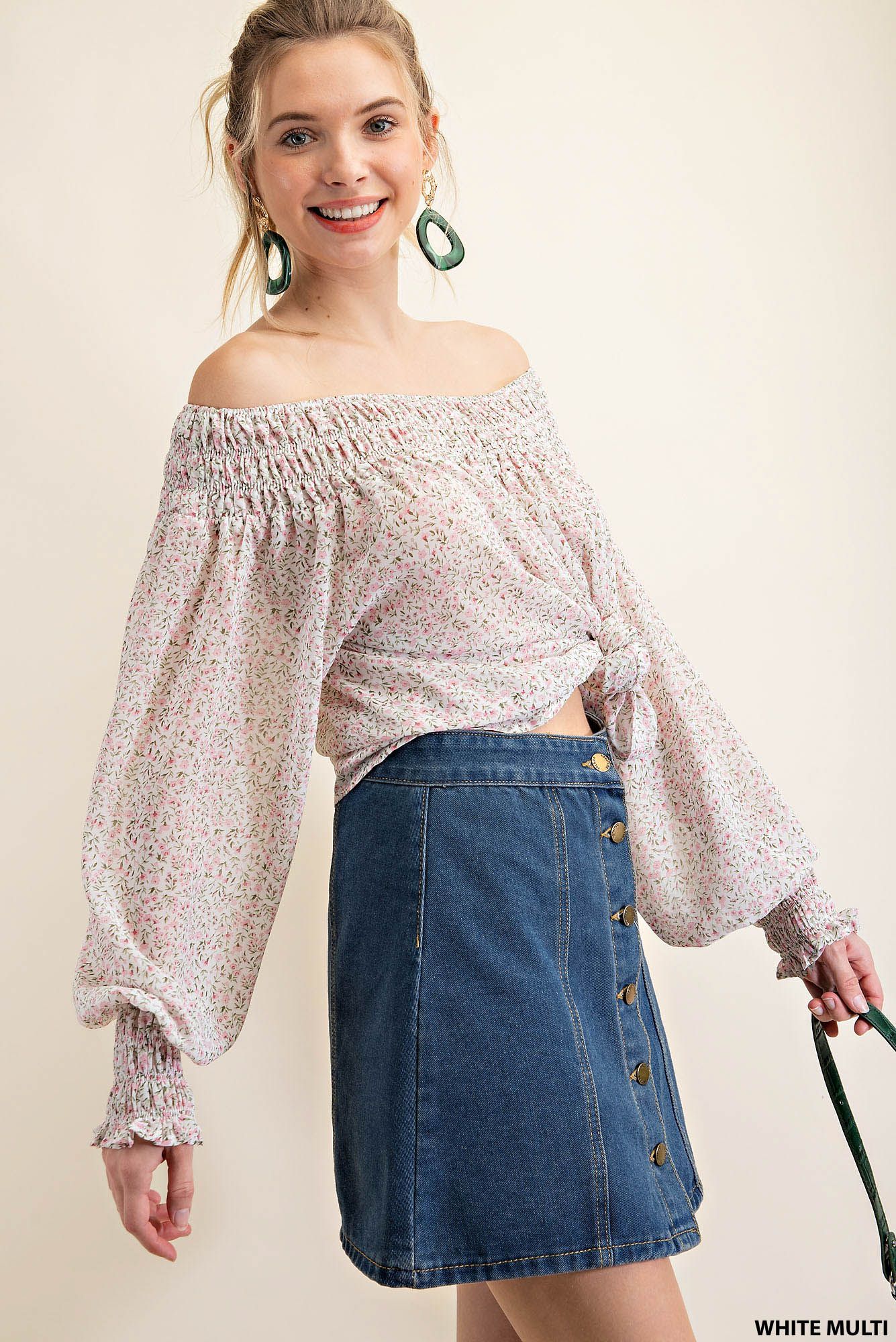 Smocking neck and sleeve band ditty-print chiffon long sleeve top Ivy and Pearl Boutique