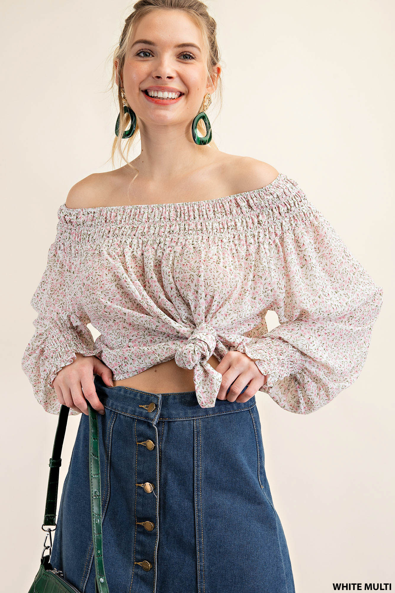 Smocking neck and sleeve band ditty-print chiffon long sleeve top Ivy and Pearl Boutique