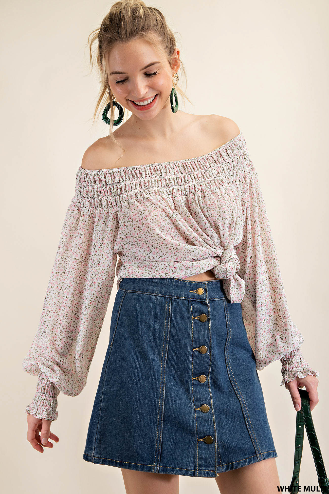 Smocking neck and sleeve band ditty-print chiffon long sleeve top Ivy and Pearl Boutique White S