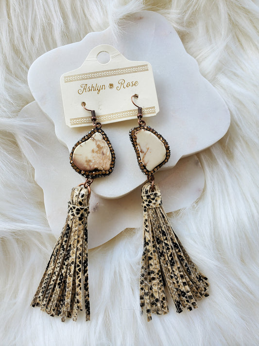 Snakeskin tassel earrings with chunky stone  Ivy and Pearl Boutique