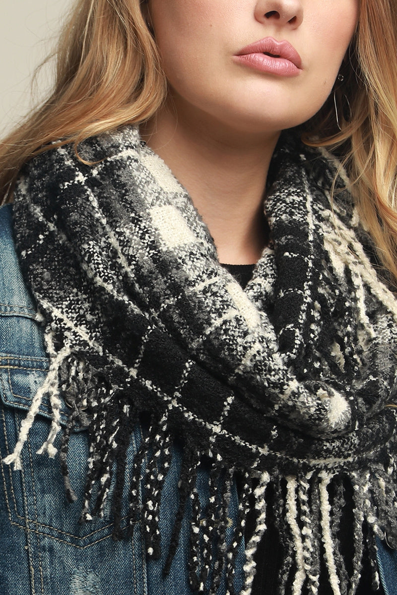 Soft casual plaid infinity knit scarf with tassels Ivy and Pearl Boutique