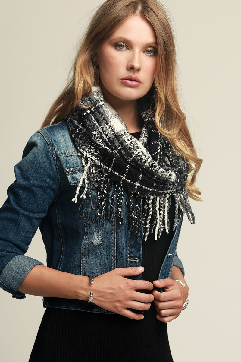 Soft casual plaid infinity knit scarf with tassels Ivy and Pearl Boutique Black
