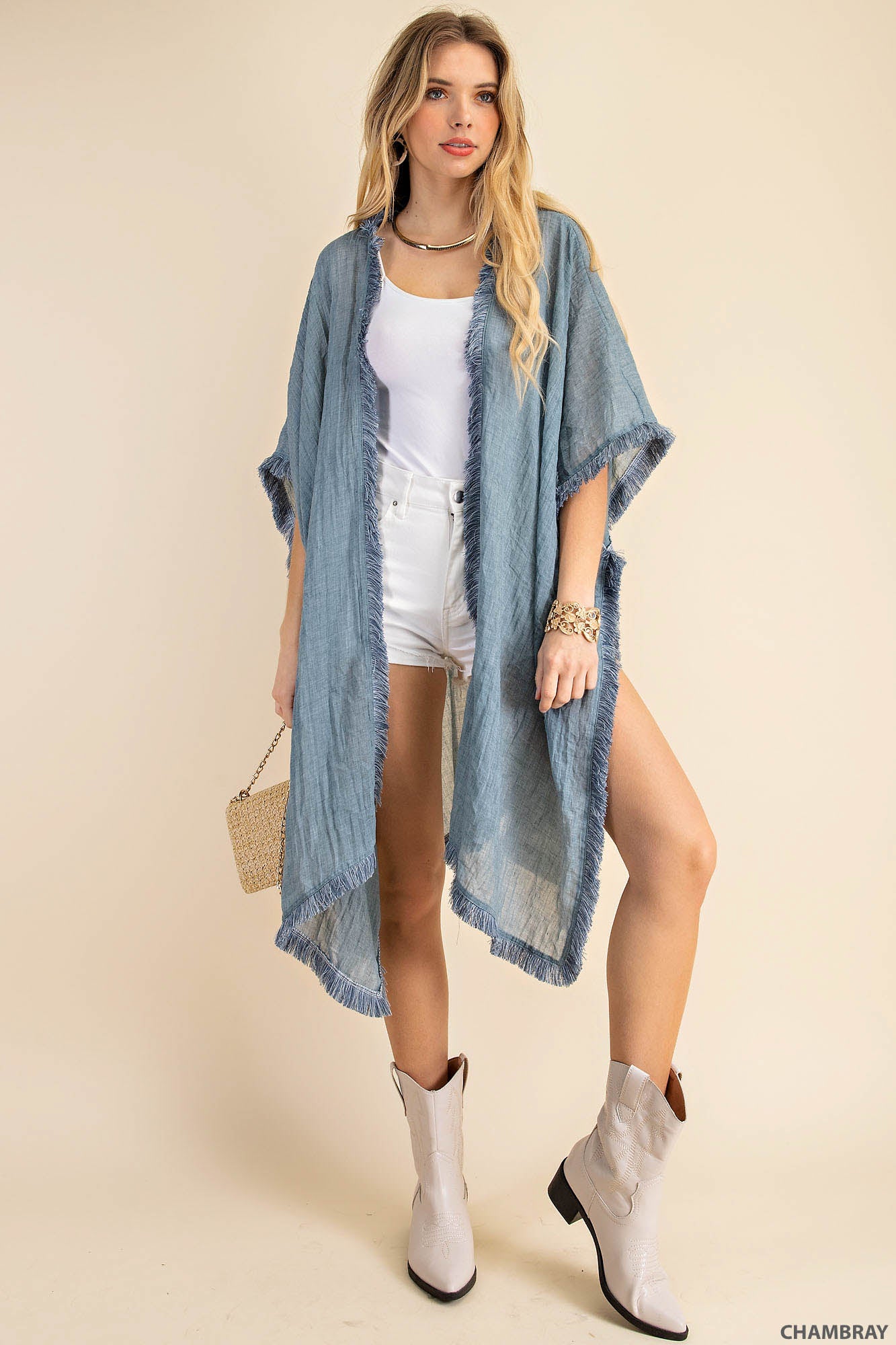 Soft fabric fringe trim cover up kimono with fringe Ivy and Pearl Boutique