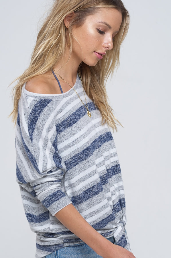Soft heather striped sweater top with dolman sleeves tie closure in front Ivy and Pearl Boutique