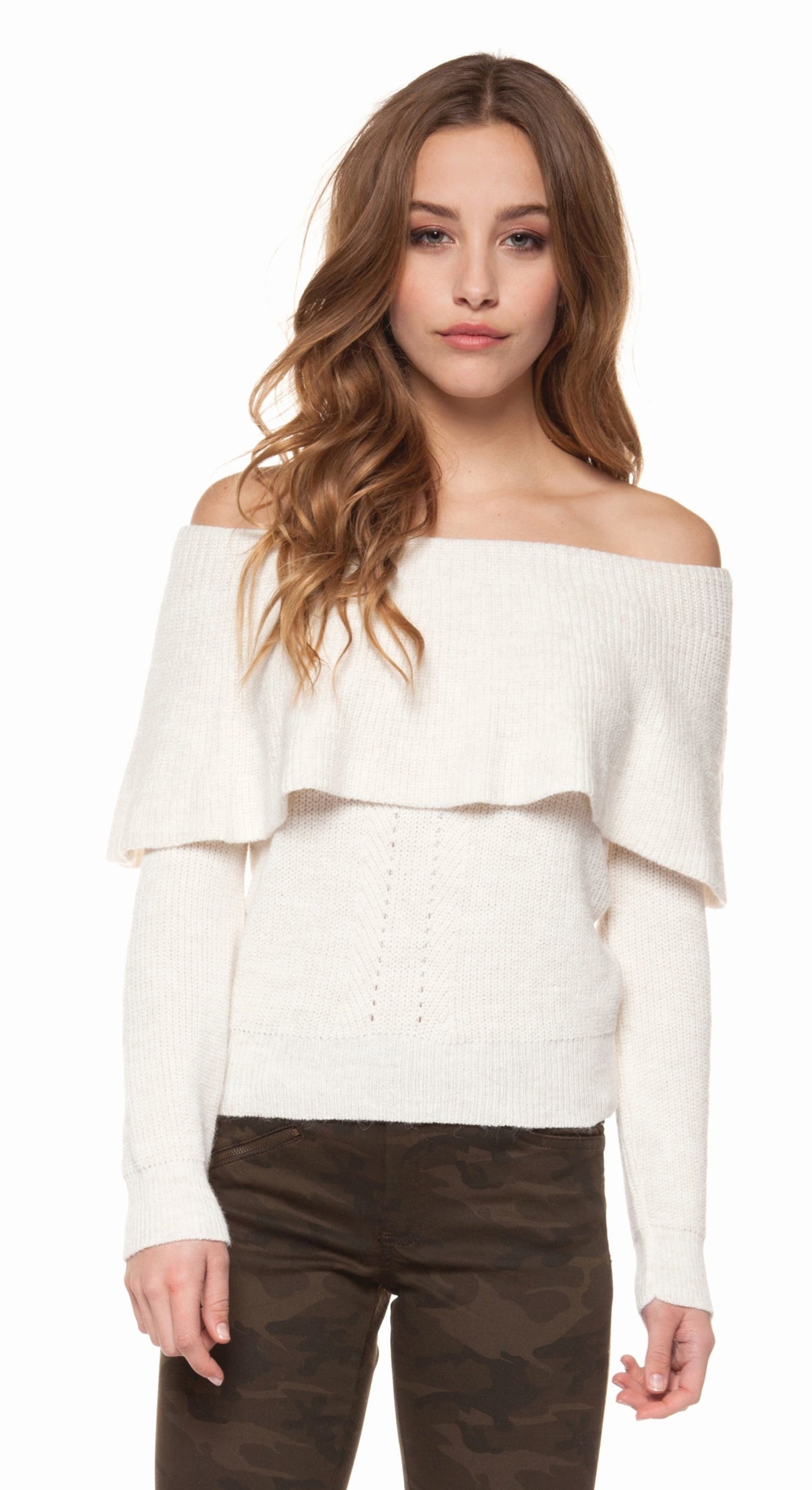 Dex soft oat heather long sleeve off shoulder sweater Ivy and Pearl Boutique XS