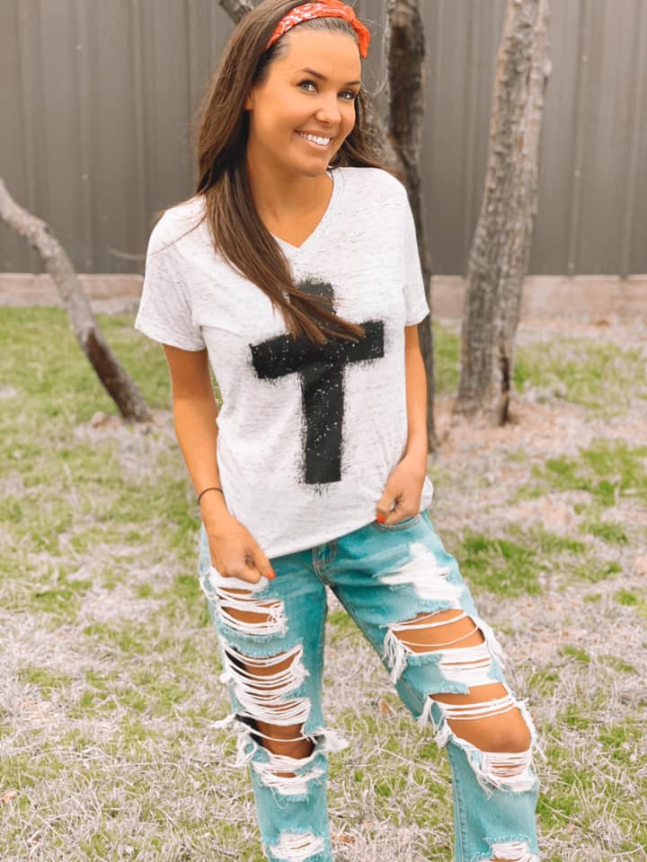 Splatter paint cross v-neck tee Ivy and Pearl Boutique S