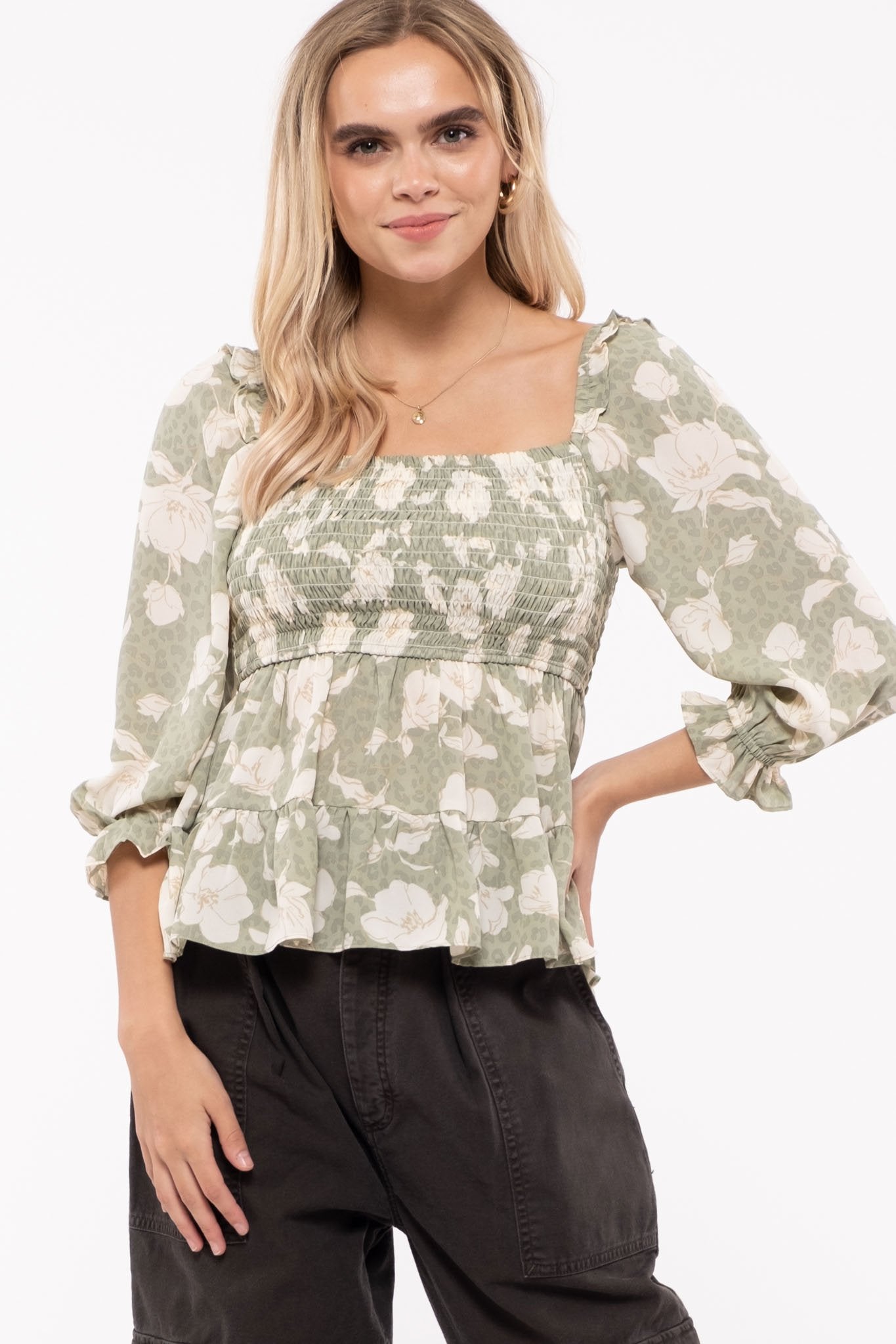 Square neckline top with baby doll fit Ivy and Pearl Boutique Light Olive S
