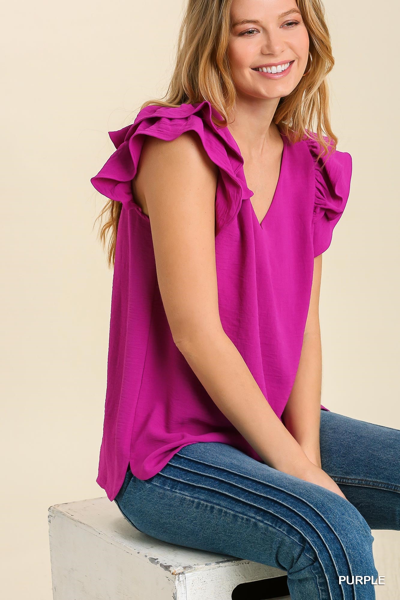 V-Neck Double Layered Flutter Sleeve Blouse with No Lining Ivy and Pearl Boutique
