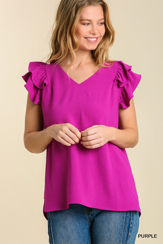 V-Neck Double Layered Flutter Sleeve Blouse with No Lining  Ivy and Pearl Boutique S Purple