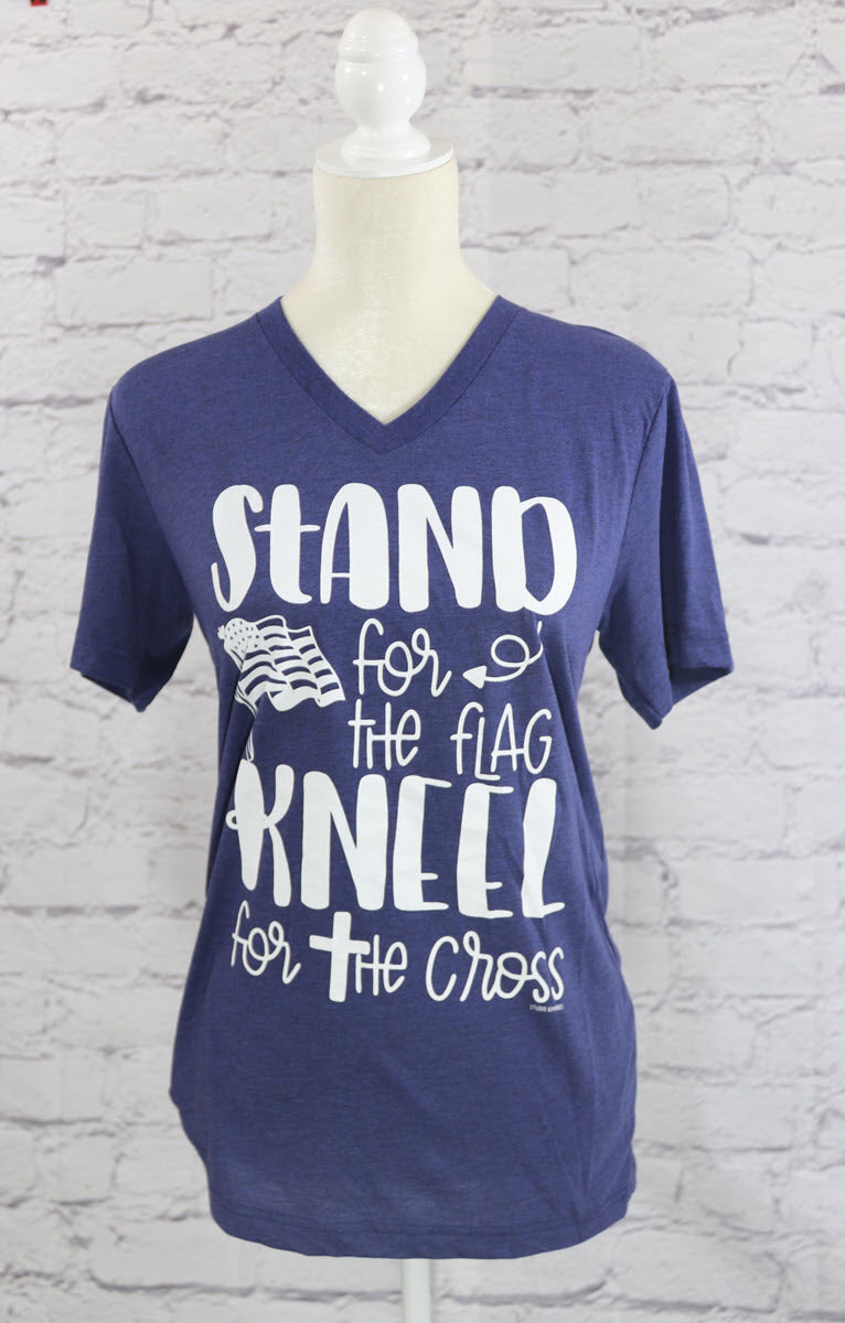 Stand for the flag, kneel for the cross V-neck T-shirt Ivy and Pearl Boutique Heather Navy S