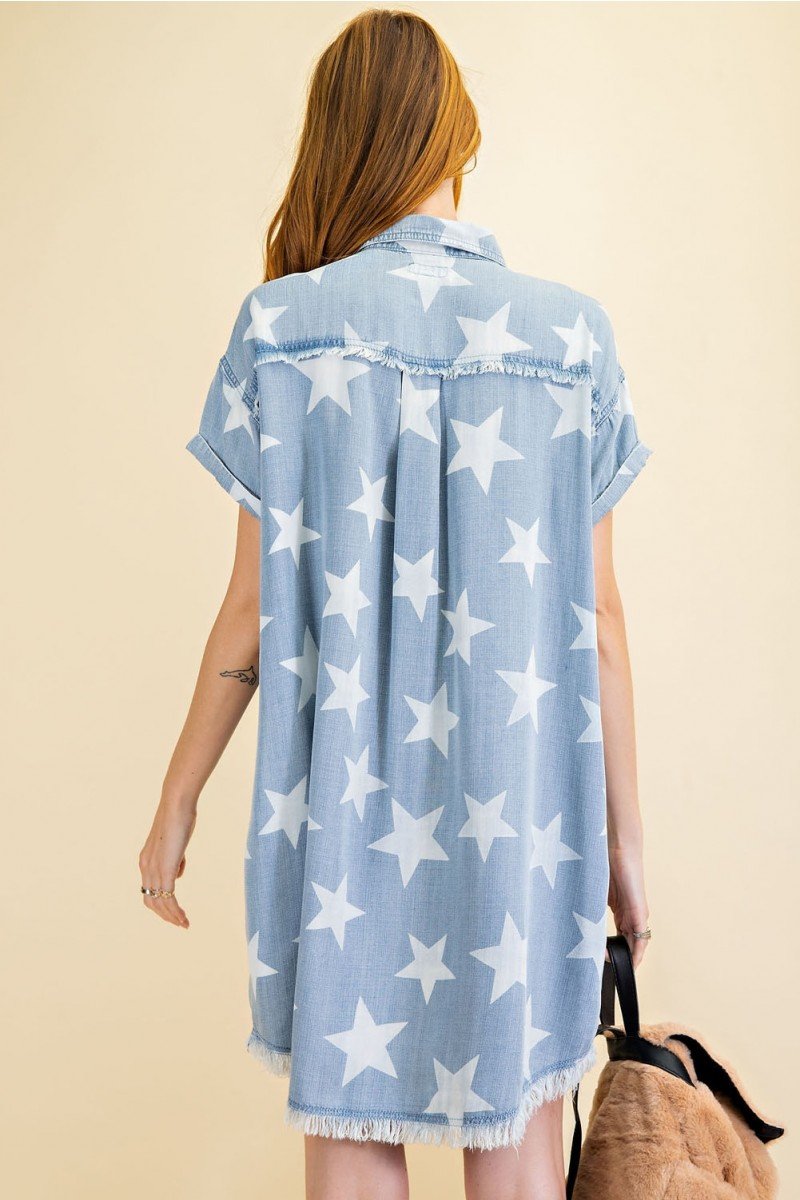 Star printed washed shirt tunic dress - Twinkle Star Denim Shirt Dress Ivy and Pearl Boutique