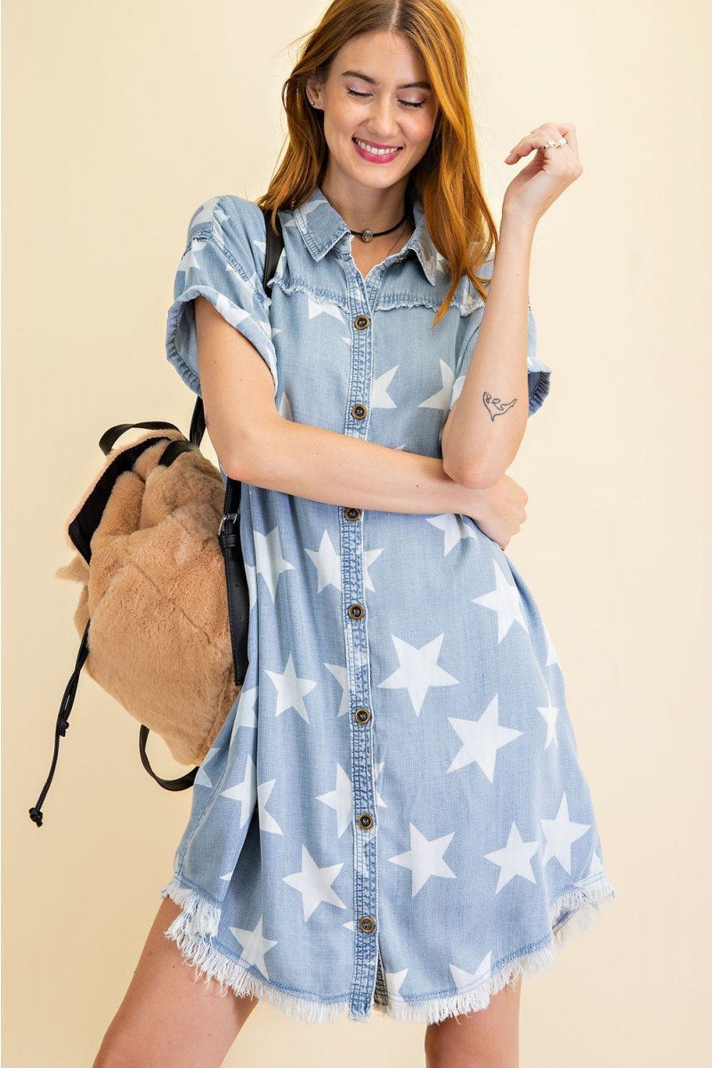 Star printed washed shirt tunic dress - Twinkle Star Denim Shirt Dress Ivy and Pearl Boutique