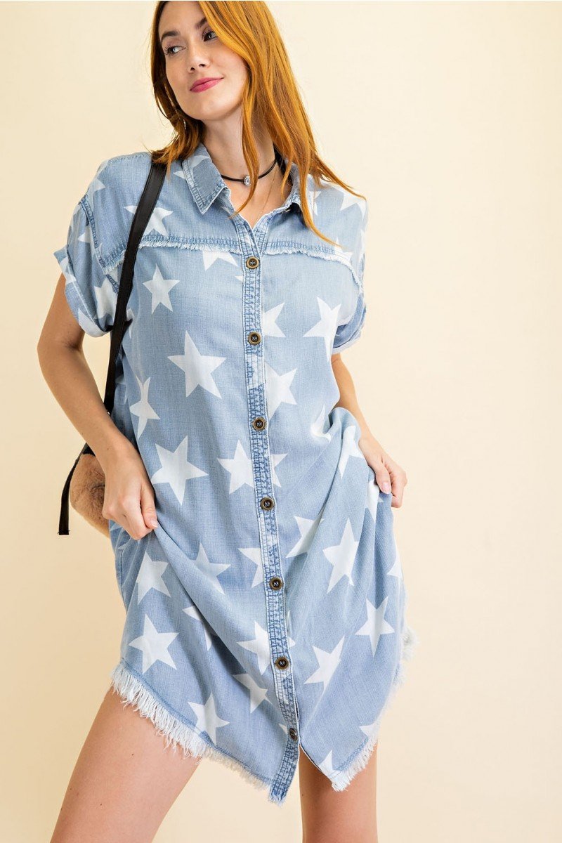 Star printed washed shirt tunic dress - Twinkle Star Denim Shirt Dress Ivy and Pearl Boutique
