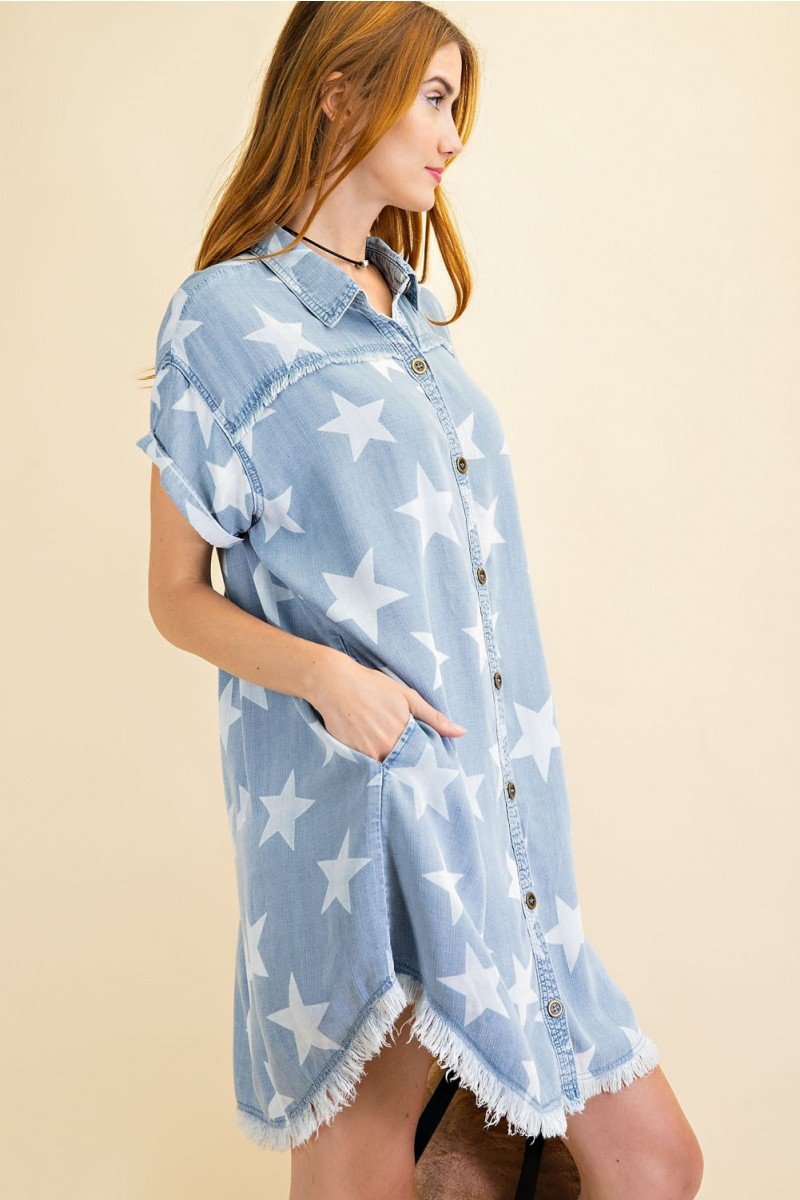 Star printed washed shirt tunic dress - Twinkle Star Denim Shirt Dress Ivy and Pearl Boutique
