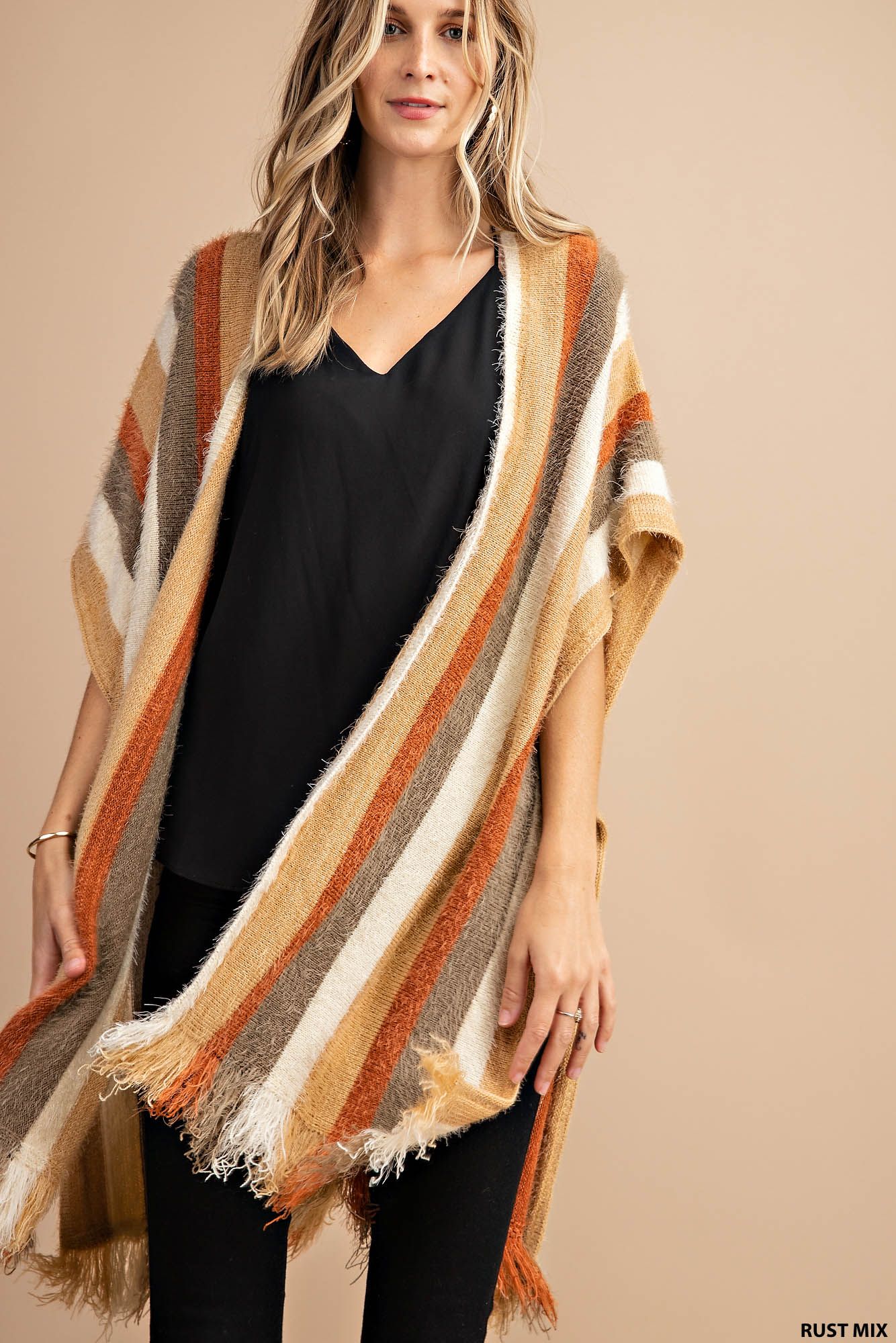Stripe hairy yarn sweater poncho Ivy and Pearl Boutique Rust Xl/1XL
