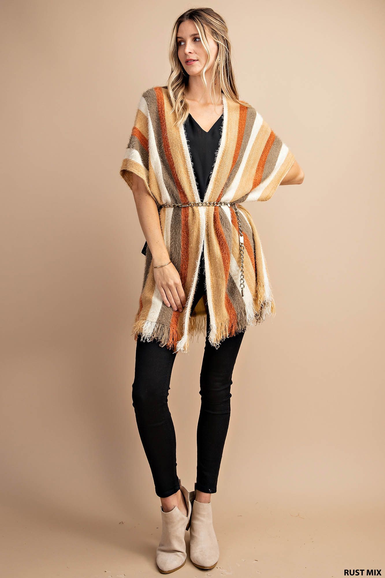 Stripe hairy yarn sweater poncho Ivy and Pearl Boutique