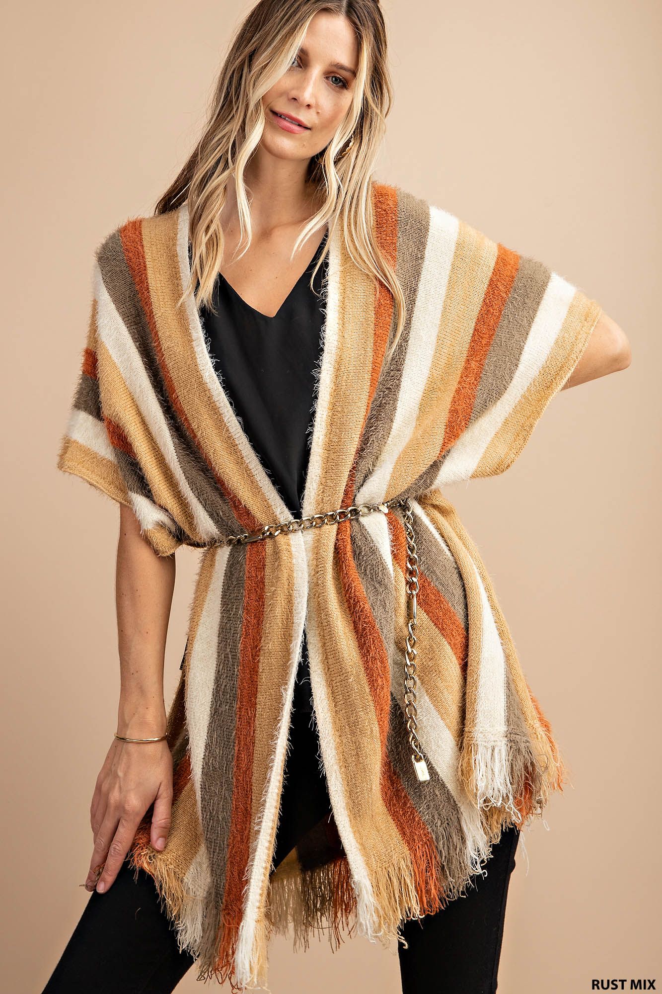 Stripe hairy yarn sweater poncho Ivy and Pearl Boutique