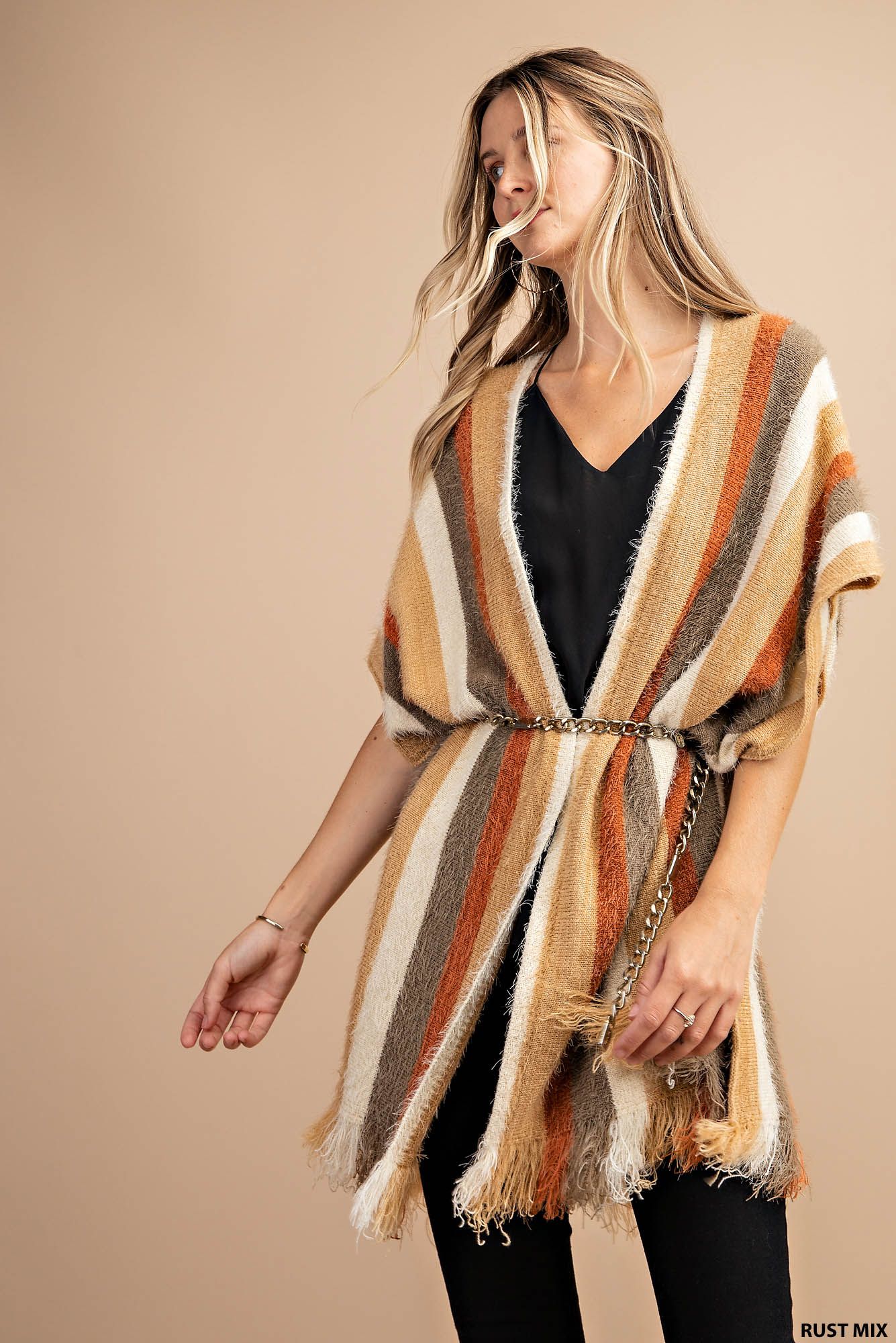Stripe hairy yarn sweater poncho Ivy and Pearl Boutique
