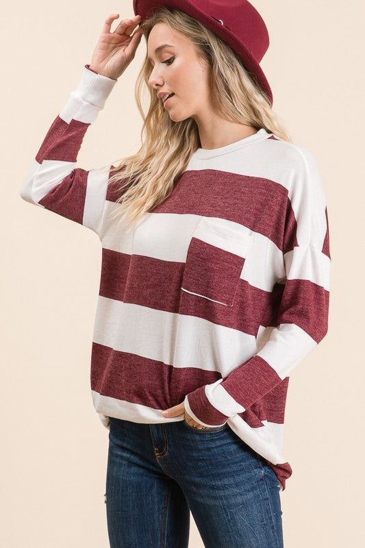 Striped Long Sleeve Comfy Top Ivy and Pearl Boutique Burgandy S