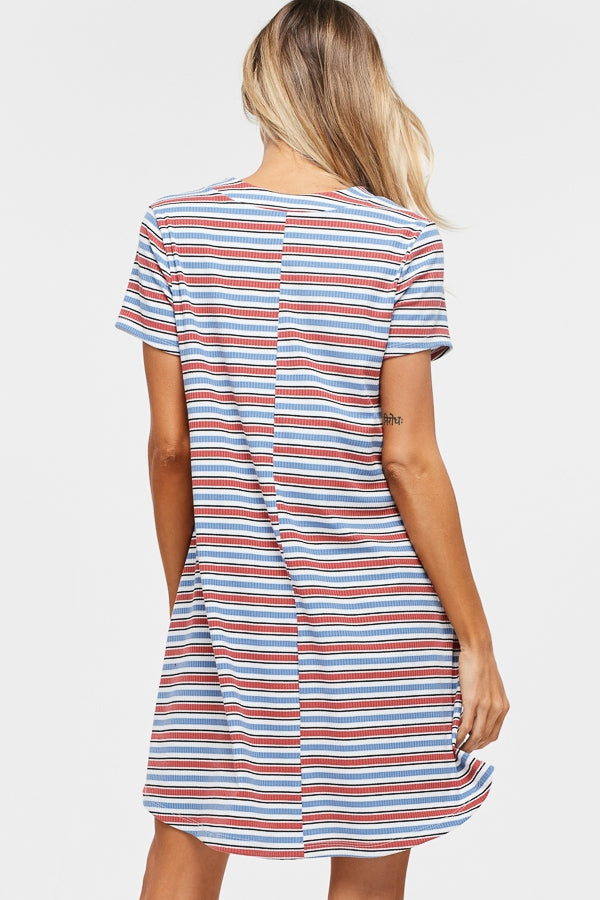 Short sleeve striped knit shift dress with V-neck and faux-button detail and pockets Ivy and Pearl Boutique