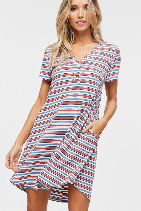Short sleeve striped knit shift dress with V-neck and faux-button detail and pockets Ivy and Pearl Boutique