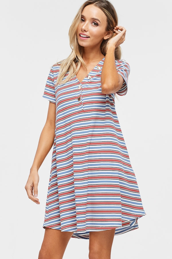 Short sleeve striped knit shift dress with V-neck and faux-button detail and pockets Ivy and Pearl Boutique