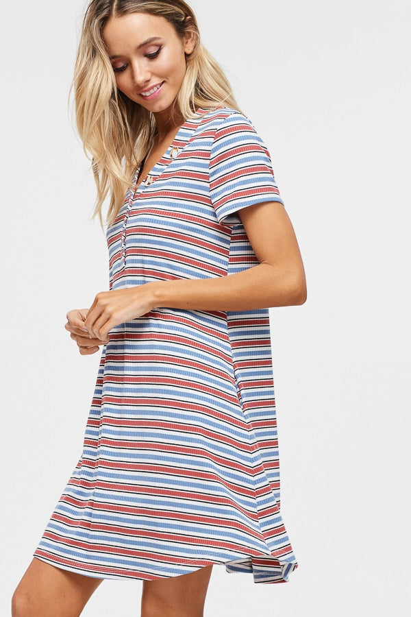 Short sleeve striped knit shift dress with V-neck and faux-button detail and pockets Ivy and Pearl Boutique