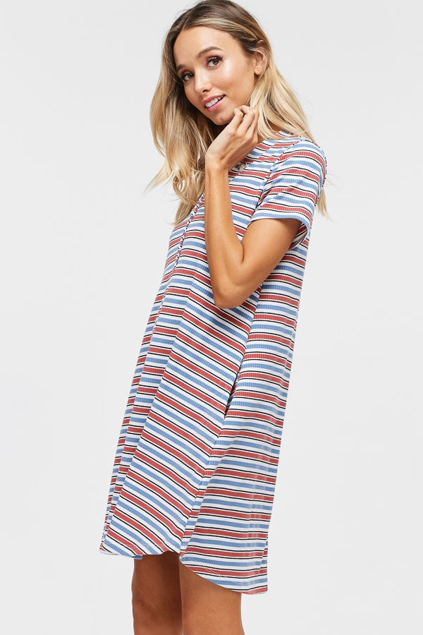 Short sleeve striped knit shift dress with V-neck and faux-button detail and pockets Ivy and Pearl Boutique