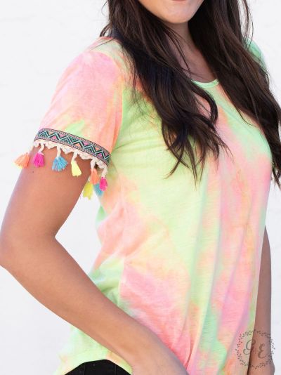 Sunny days tie-dye top with neon embroidery and fringe sleeves Ivy and Pearl Boutique