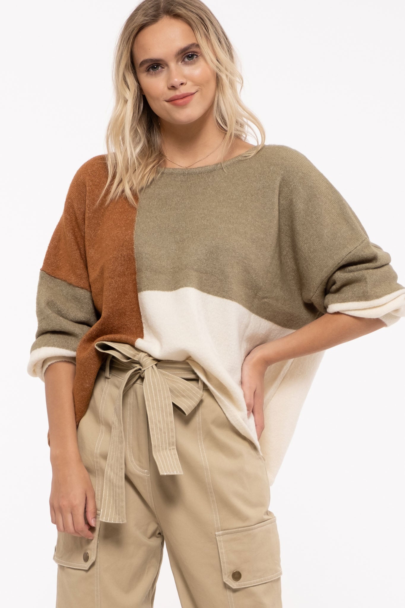 Sweater with full blouson sleeves and back ribbon tie Ivy and Pearl Boutique Sage S/M