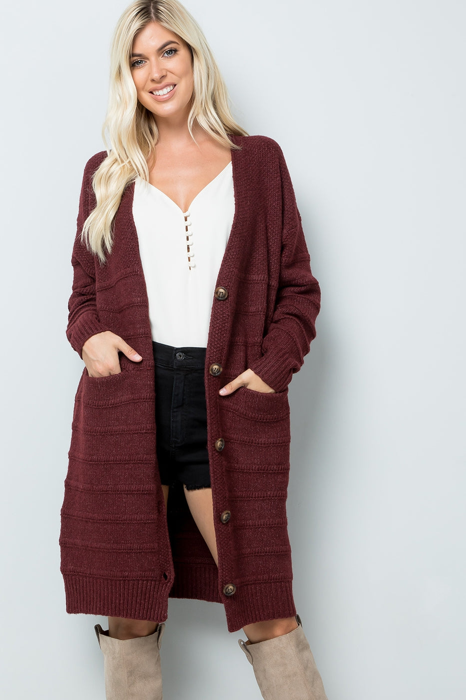 Sweet Lovely Midi Sweater Cardigan Ivy and Pearl Boutique M/L Burgandy