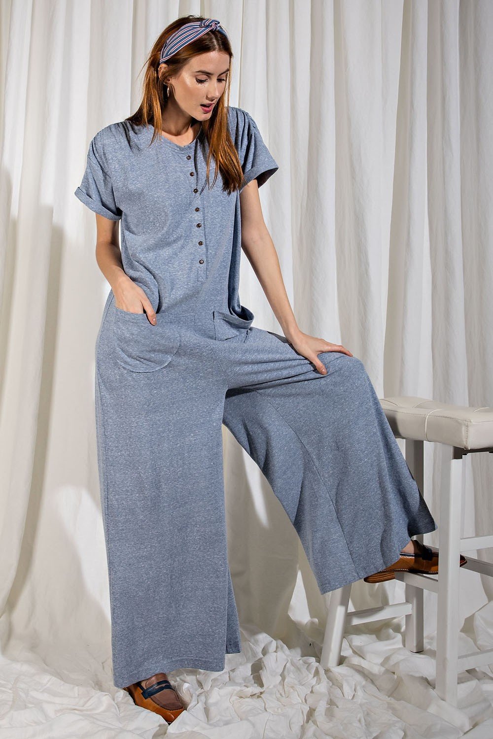 Sweetest Heart Jumpsuit with rolled-up sleeves and full-length wide legs Ivy and Pearl Boutique Blue S