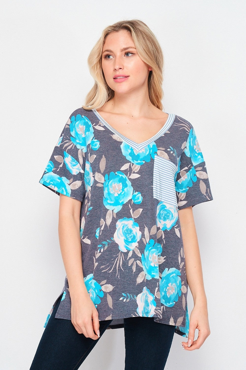 Indigo Teal Floral Pocket Top Ivy and Pearl Boutique S