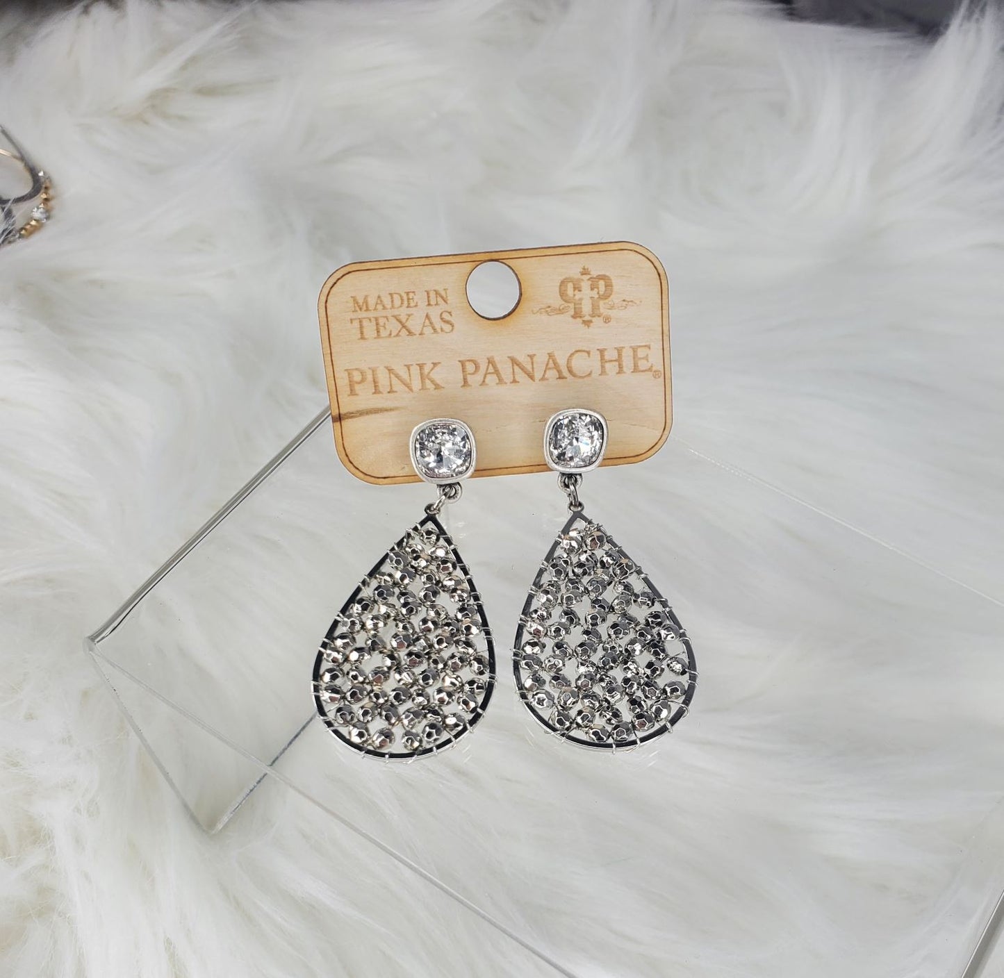 Teardrop shape silver webbed beads with zirconia stone earrings Ivy and Pearl Boutique