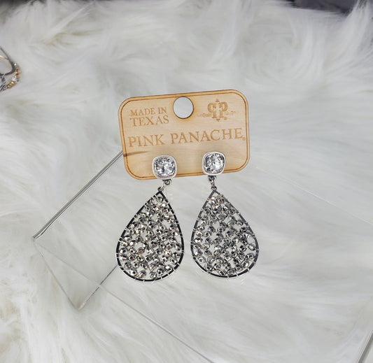 Teardrop shape silver webbed beads with zirconia stone earrings  Ivy and Pearl Boutique