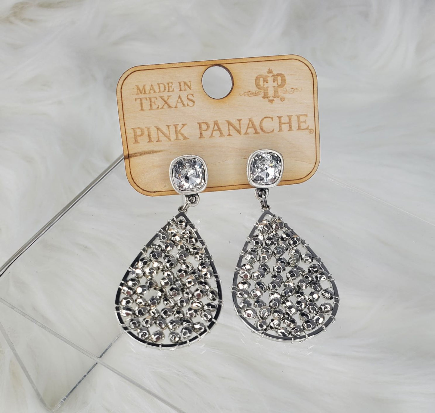 Teardrop shape silver webbed beads with zirconia stone earrings Ivy and Pearl Boutique