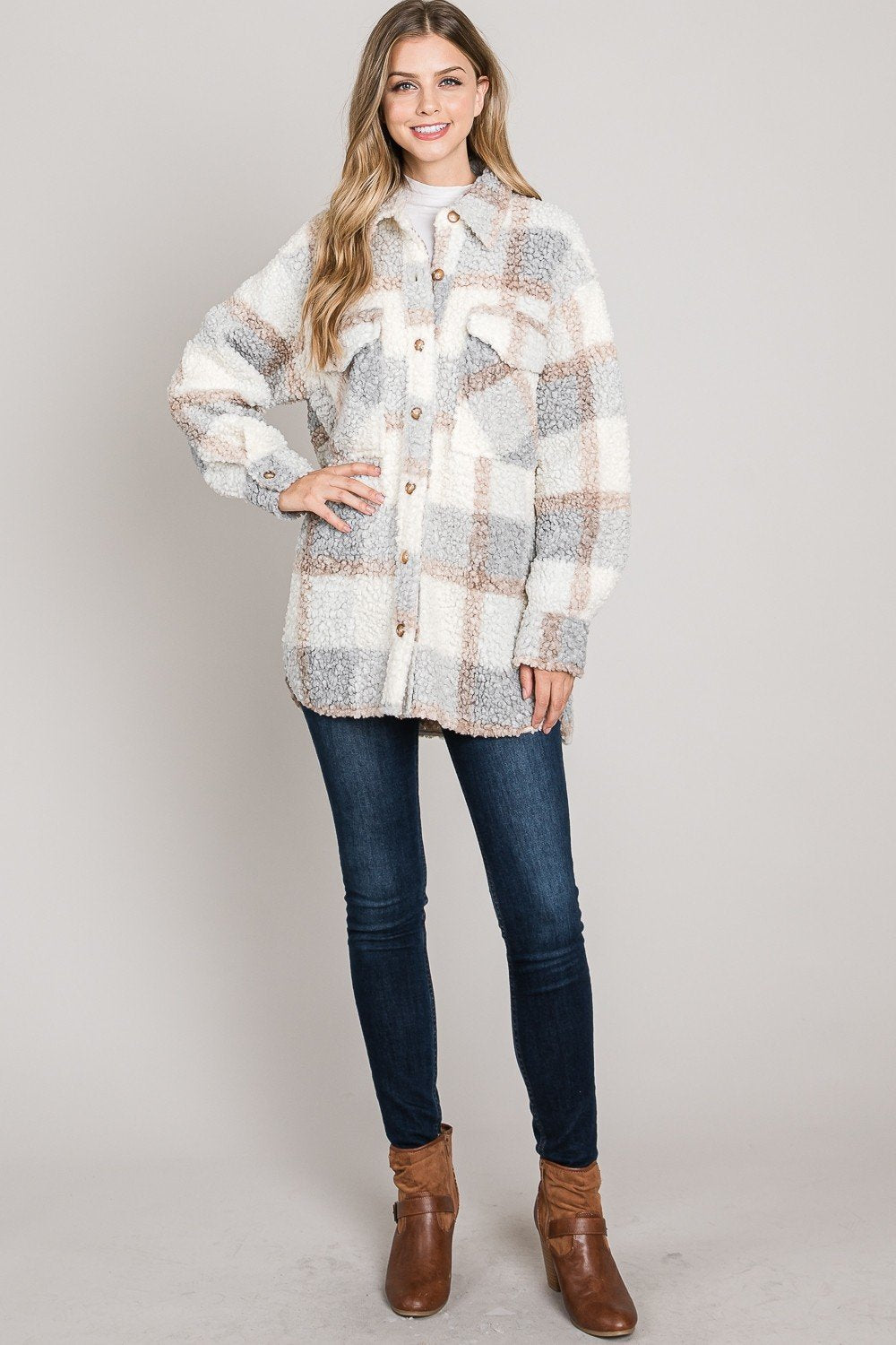 Teddy plaid shirt jacket from Allie Rose Ivy and Pearl Boutique