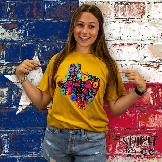 Texas Flowers on Heather Mustard Bella+Canvas Soft Tee  Ivy and Pearl Boutique Mustard Yellow M